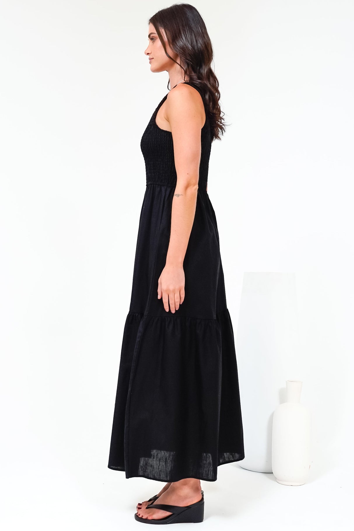 Sarlita Midi Dress - Shirred Bodice Sleeveless Tiered Dress with Pockets in Black