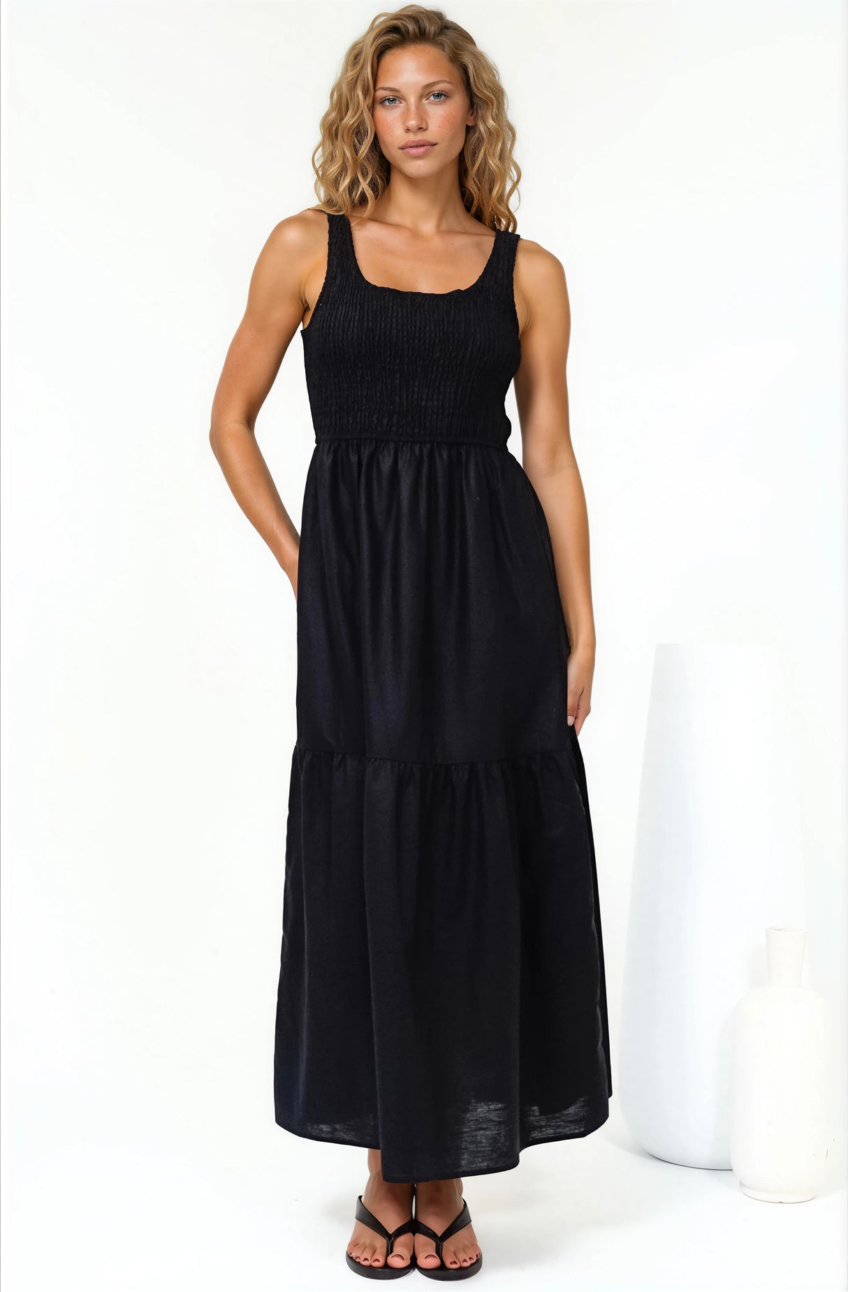 Sarlita Midi Dress - Shirred Bodice Sleeveless Tiered Dress with Pockets in Black