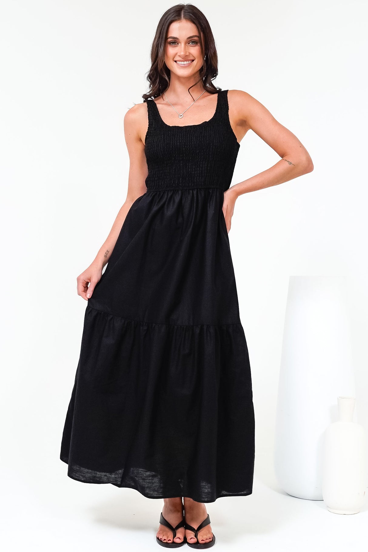 Sarlita Midi Dress - Shirred Bodice Sleeveless Tiered Dress with Pockets in Black