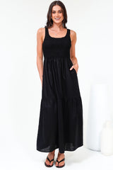 Sarlita Midi Dress - Shirred Bodice Sleeveless Tiered Dress with Pockets in Black