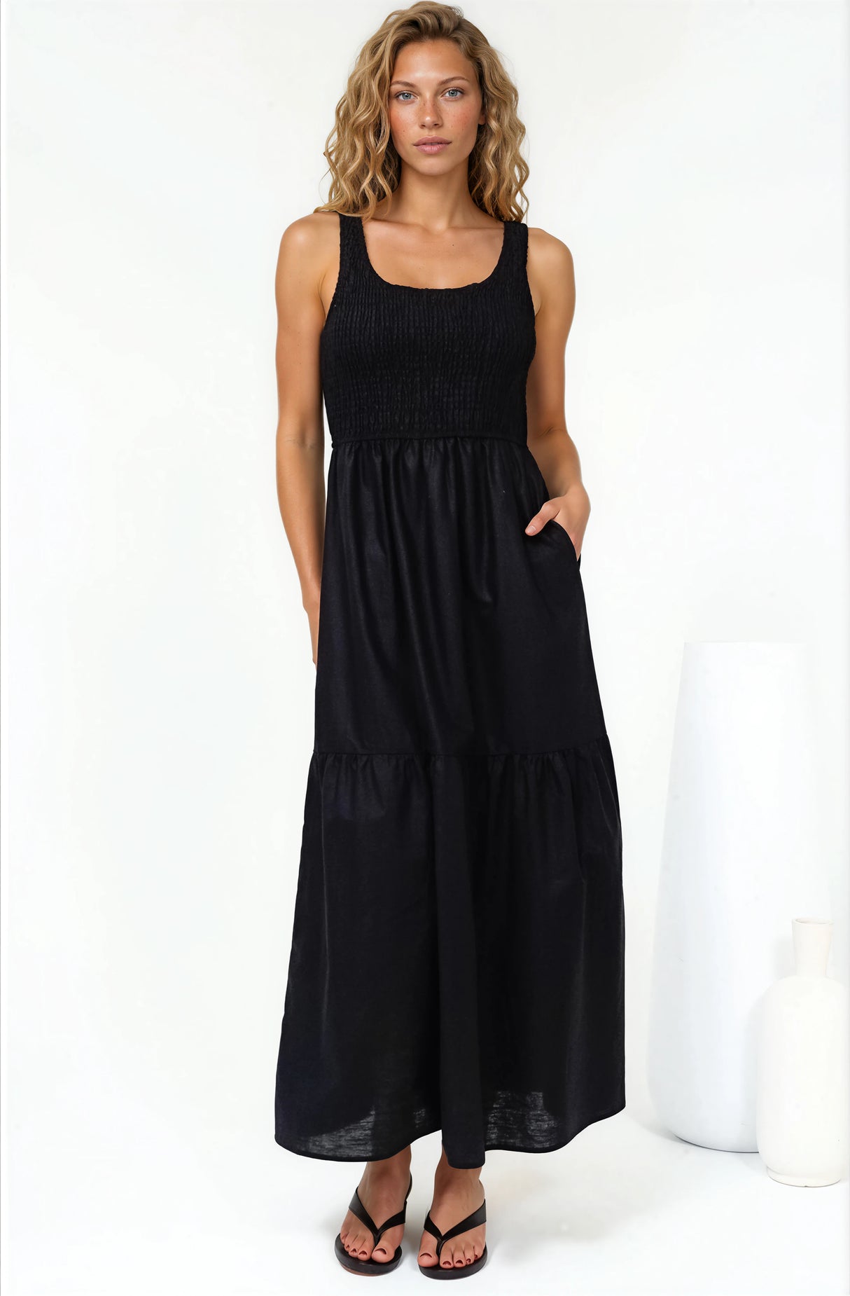 Sarlita Midi Dress - Shirred Bodice Sleeveless Tiered Dress with Pockets in Black