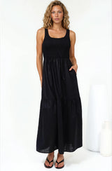 Sarlita Midi Dress - Shirred Bodice Sleeveless Tiered Dress with Pockets in Black