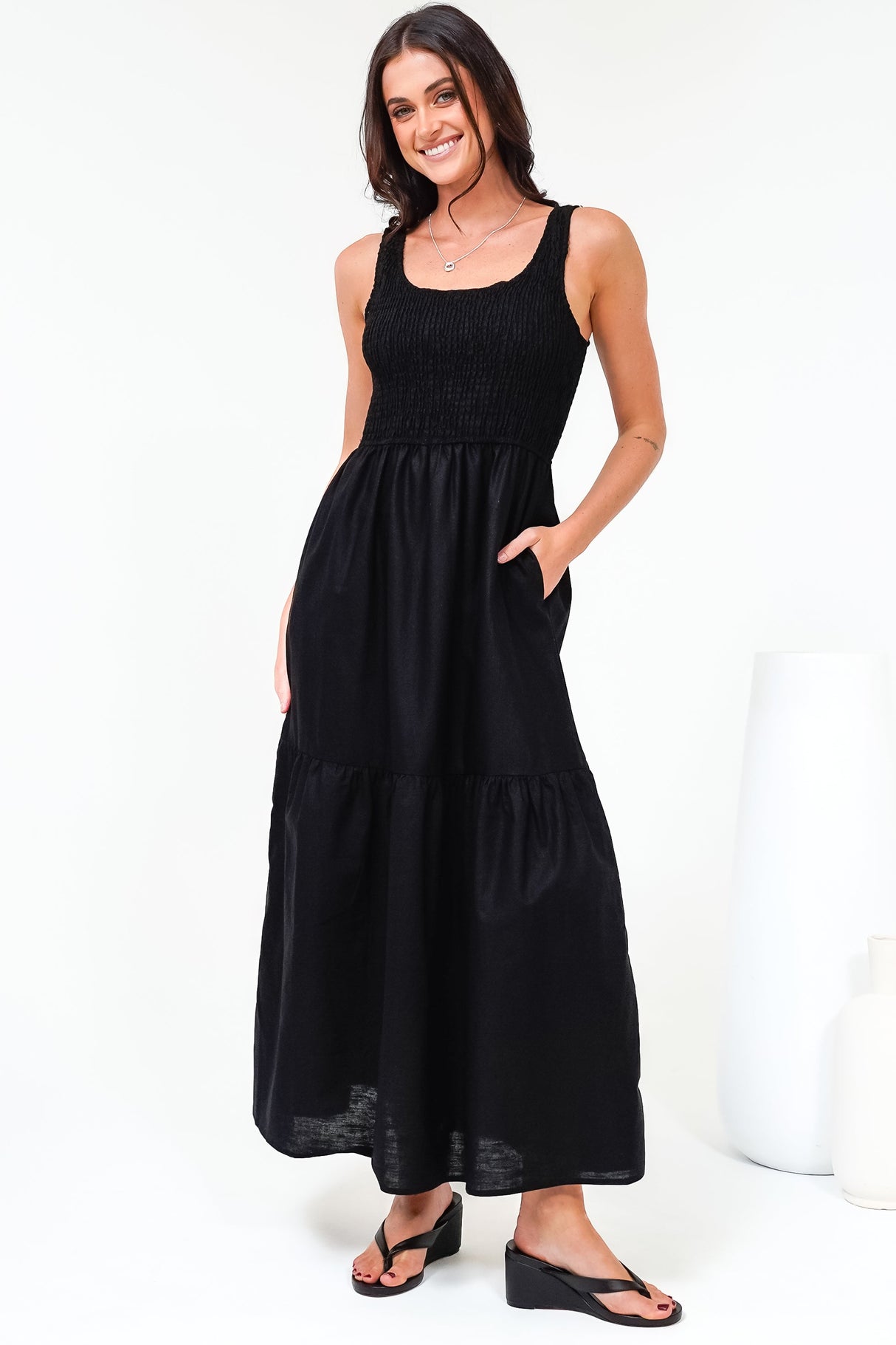 Sarlita Midi Dress - Shirred Bodice Sleeveless Tiered Dress with Pockets in Black