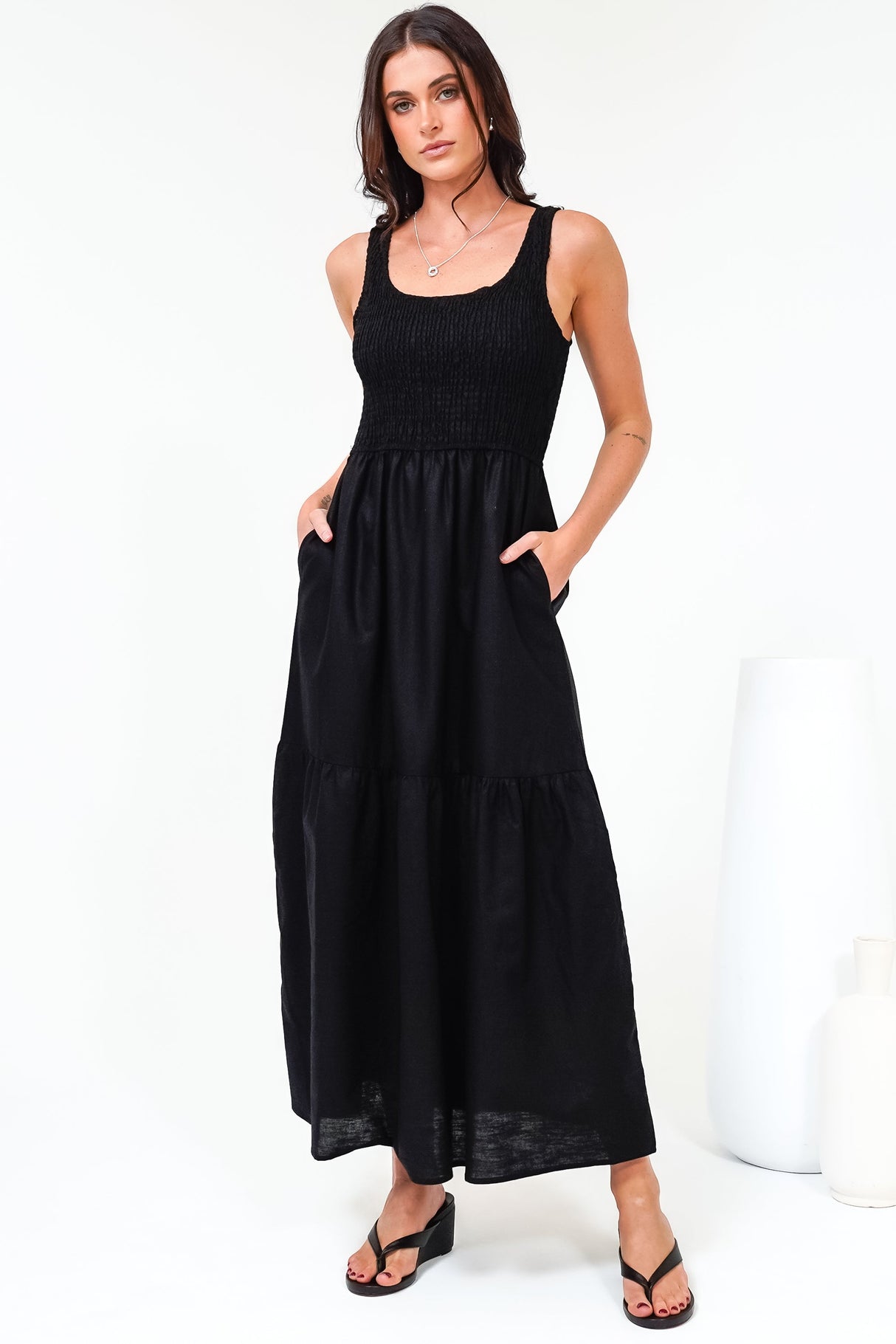 Sarlita Midi Dress - Shirred Bodice Sleeveless Tiered Dress with Pockets in Black