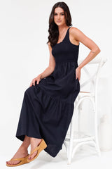 Sarlita Midi Dress - Shirred Bodice Sleeveless Tiered Dress with Pockets in Navy