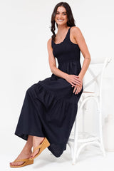 Sarlita Midi Dress - Shirred Bodice Sleeveless Tiered Dress with Pockets in Navy