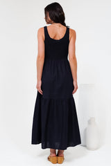 Sarlita Midi Dress - Shirred Bodice Sleeveless Tiered Dress with Pockets in Navy