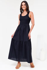 Sarlita Midi Dress - Shirred Bodice Sleeveless Tiered Dress with Pockets in Navy