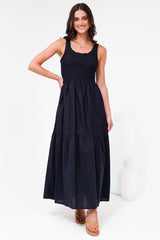 Sarlita Midi Dress - Shirred Bodice Sleeveless Tiered Dress with Pockets in Navy