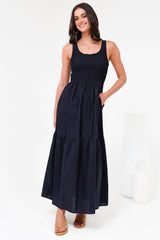 Sarlita Midi Dress - Shirred Bodice Sleeveless Tiered Dress with Pockets in Navy