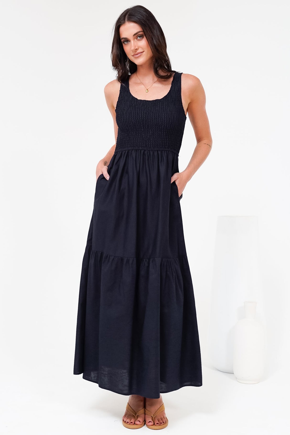 Sarlita Midi Dress - Shirred Bodice Sleeveless Tiered Dress with Pockets in Navy
