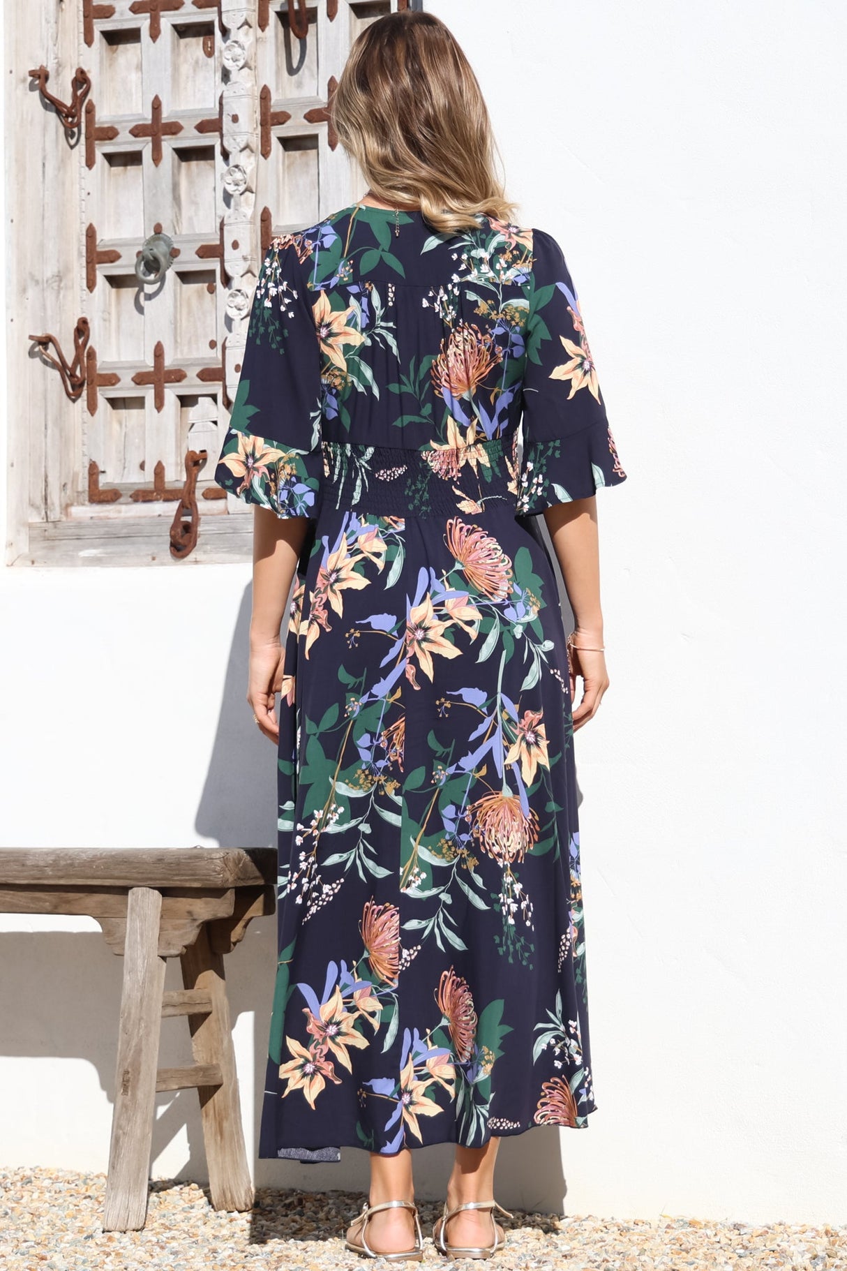 Sasha Maxi Dress - Buttoned Bodice A Line Dress With Flute Sleeves In Raven Print Navy
