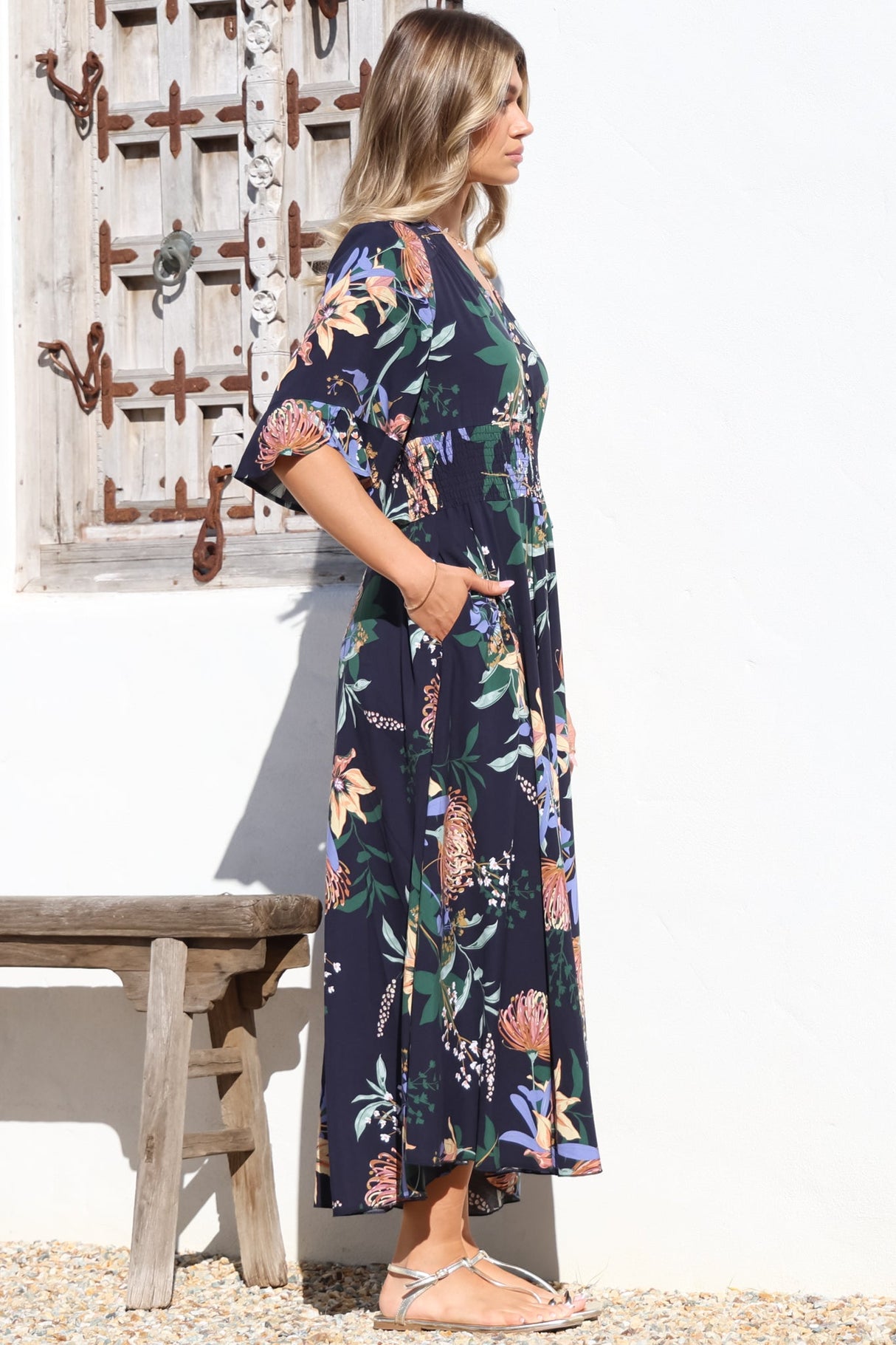 Sasha Maxi Dress - Buttoned Bodice A Line Dress With Flute Sleeves In Raven Print Navy