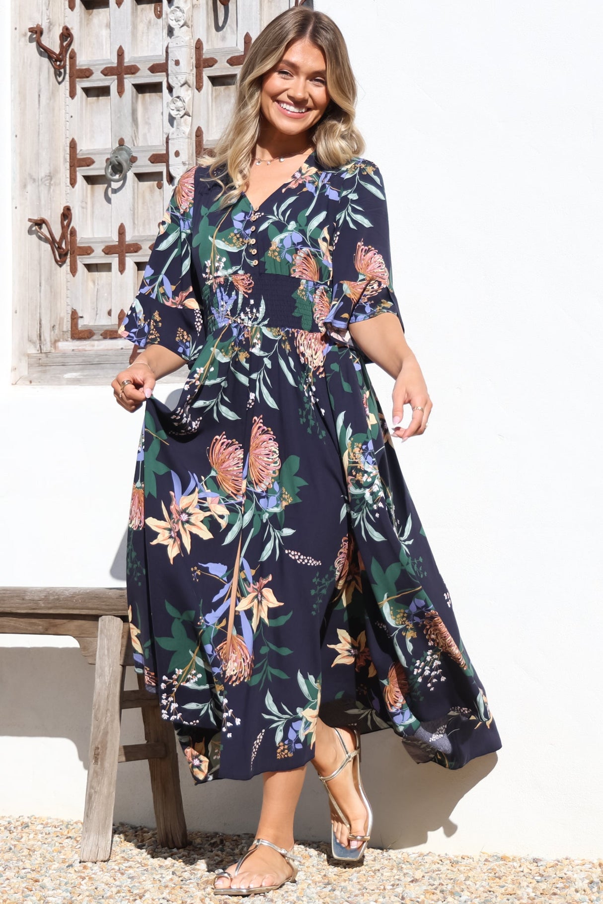 Sasha Maxi Dress - Buttoned Bodice A Line Dress With Flute Sleeves In Raven Print Navy