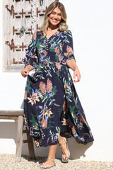 Sasha Maxi Dress - Buttoned Bodice A Line Dress With Flute Sleeves In Raven Print Navy