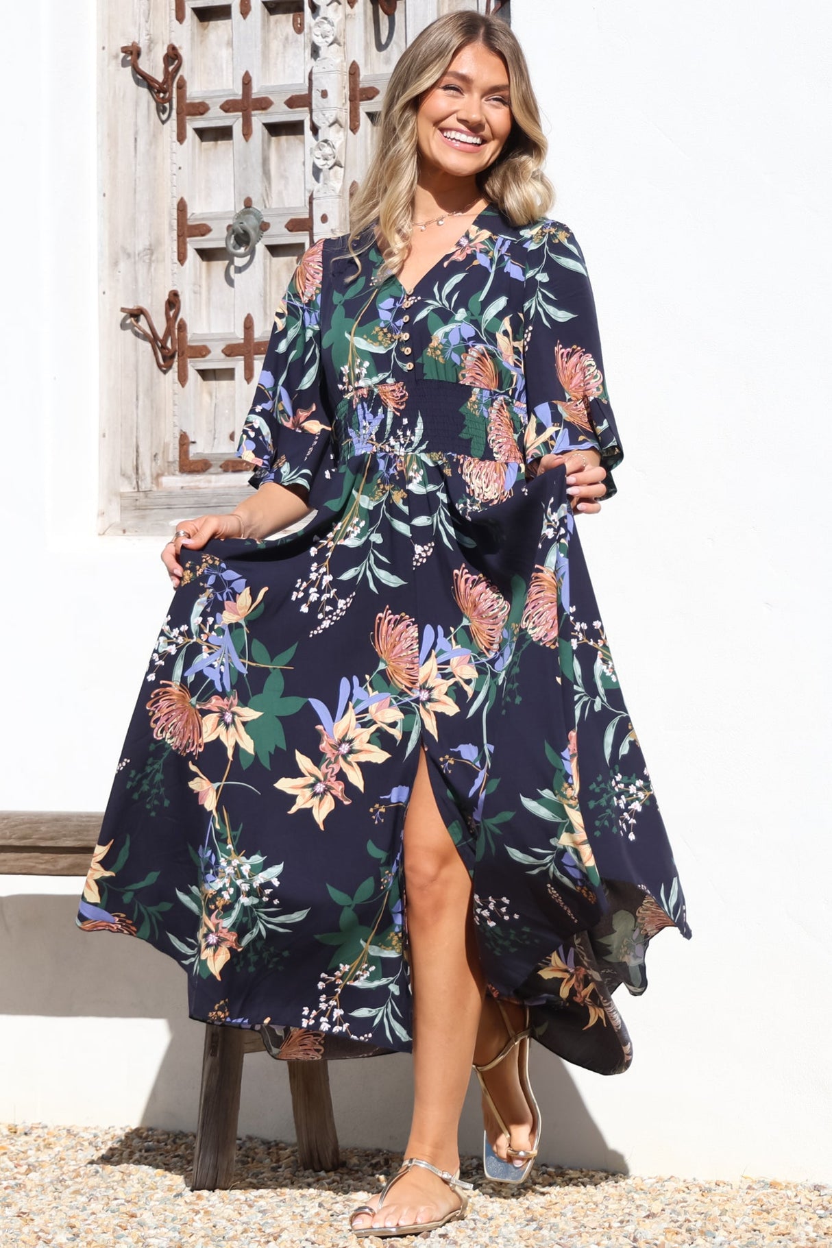 Sasha Maxi Dress - Buttoned Bodice A Line Dress With Flute Sleeves In Raven Print Navy