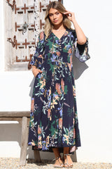 Sasha Maxi Dress - Buttoned Bodice A Line Dress With Flute Sleeves In Raven Print Navy