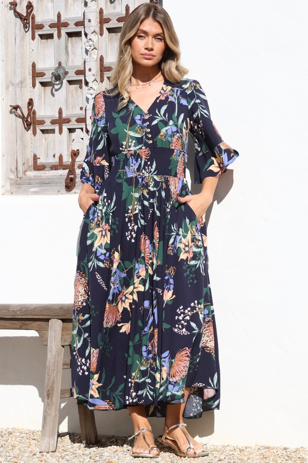 Sasha Maxi Dress - Buttoned Bodice A Line Dress With Flute Sleeves In Raven Print Navy