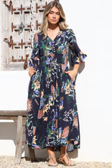 Sasha Maxi Dress - Buttoned Bodice A Line Dress With Flute Sleeves In Raven Print Navy