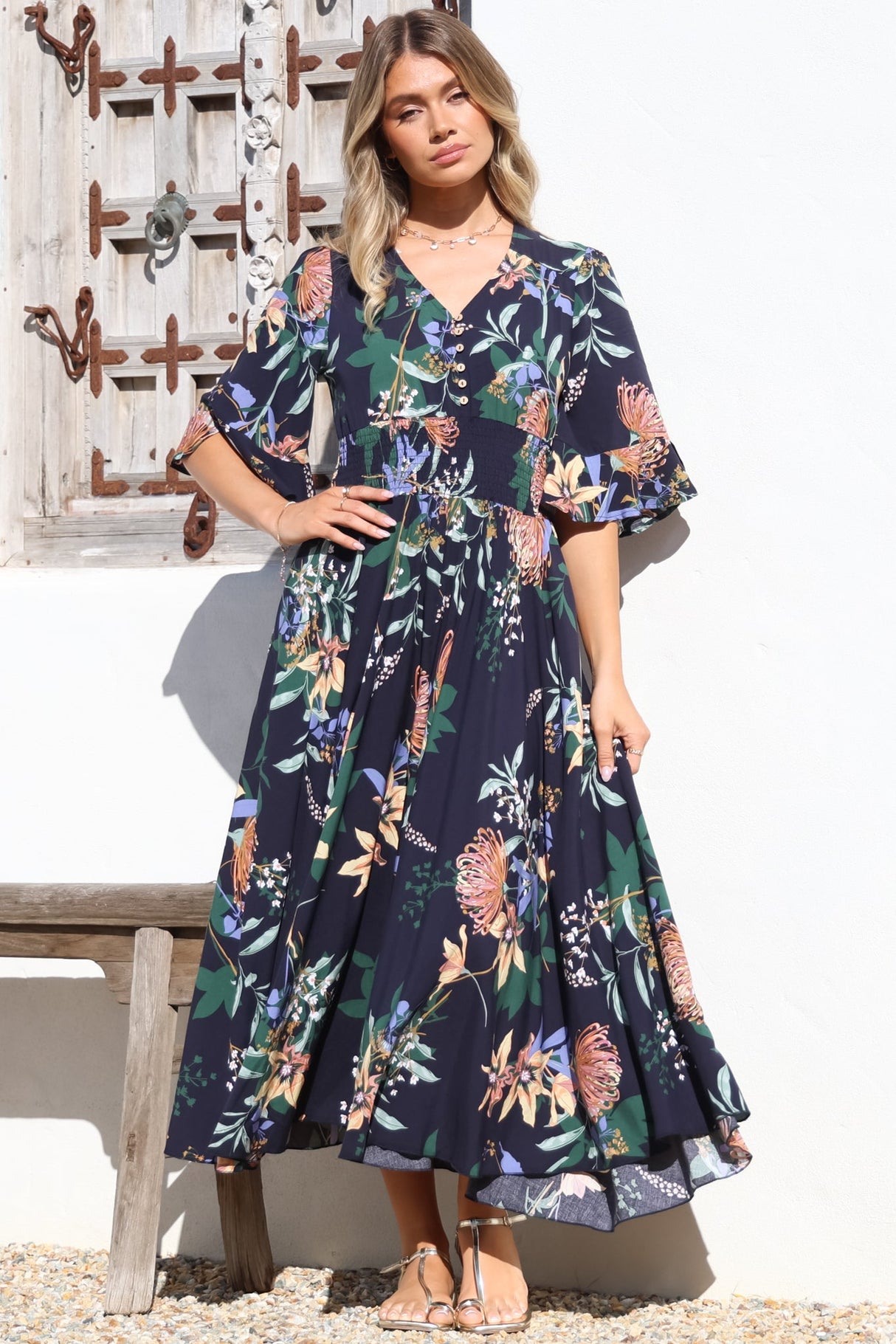 Sasha Maxi Dress - Buttoned Bodice A Line Dress With Flute Sleeves In Raven Print Navy