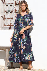 Sasha Maxi Dress - Buttoned Bodice A Line Dress With Flute Sleeves In Raven Print Navy