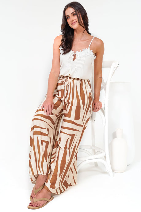 Saturday Pants - High Paperbag Waist Wide Leg Pants with Waist Tie in Tyla Print Tan