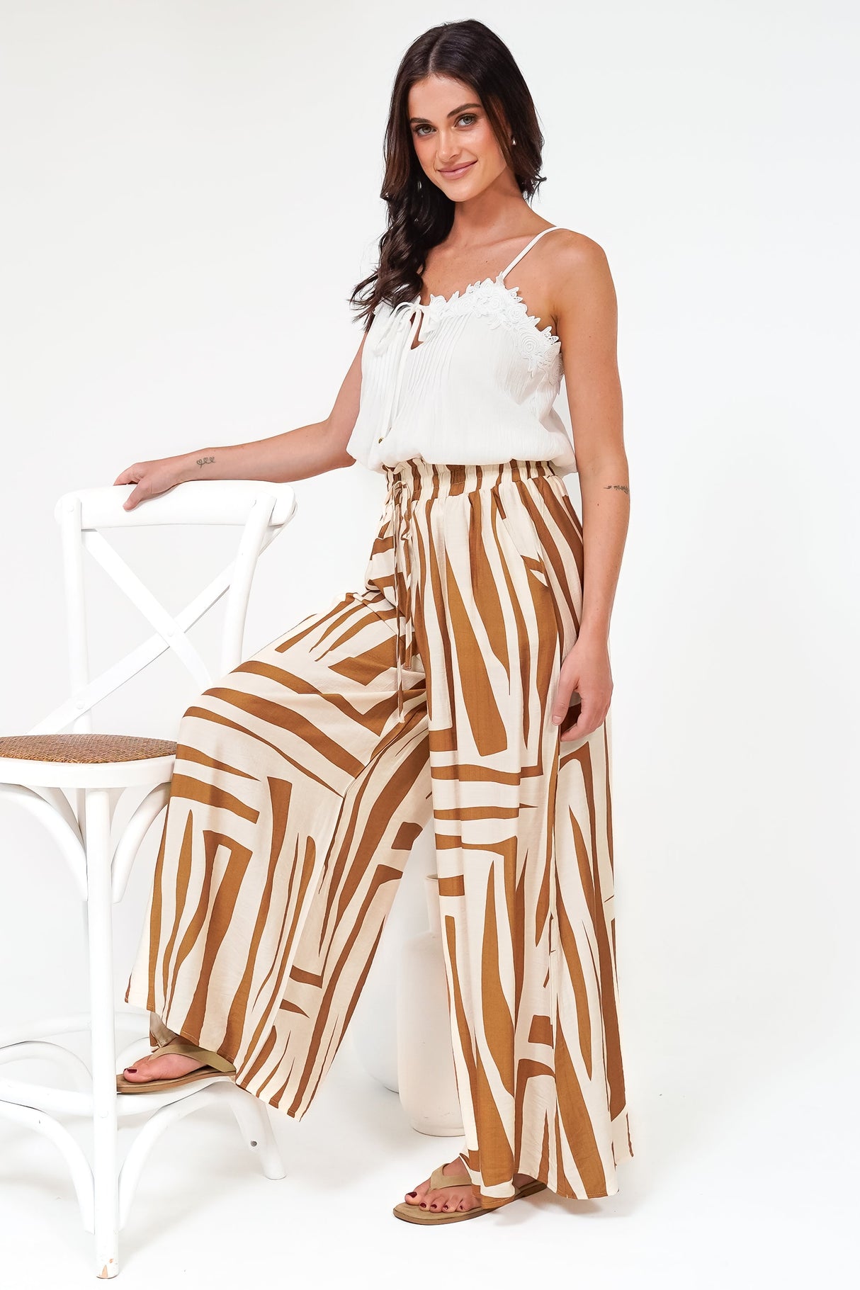 Saturday Pants - High Paperbag Waist Wide Leg Pants with Waist Tie in Tyla Print Tan