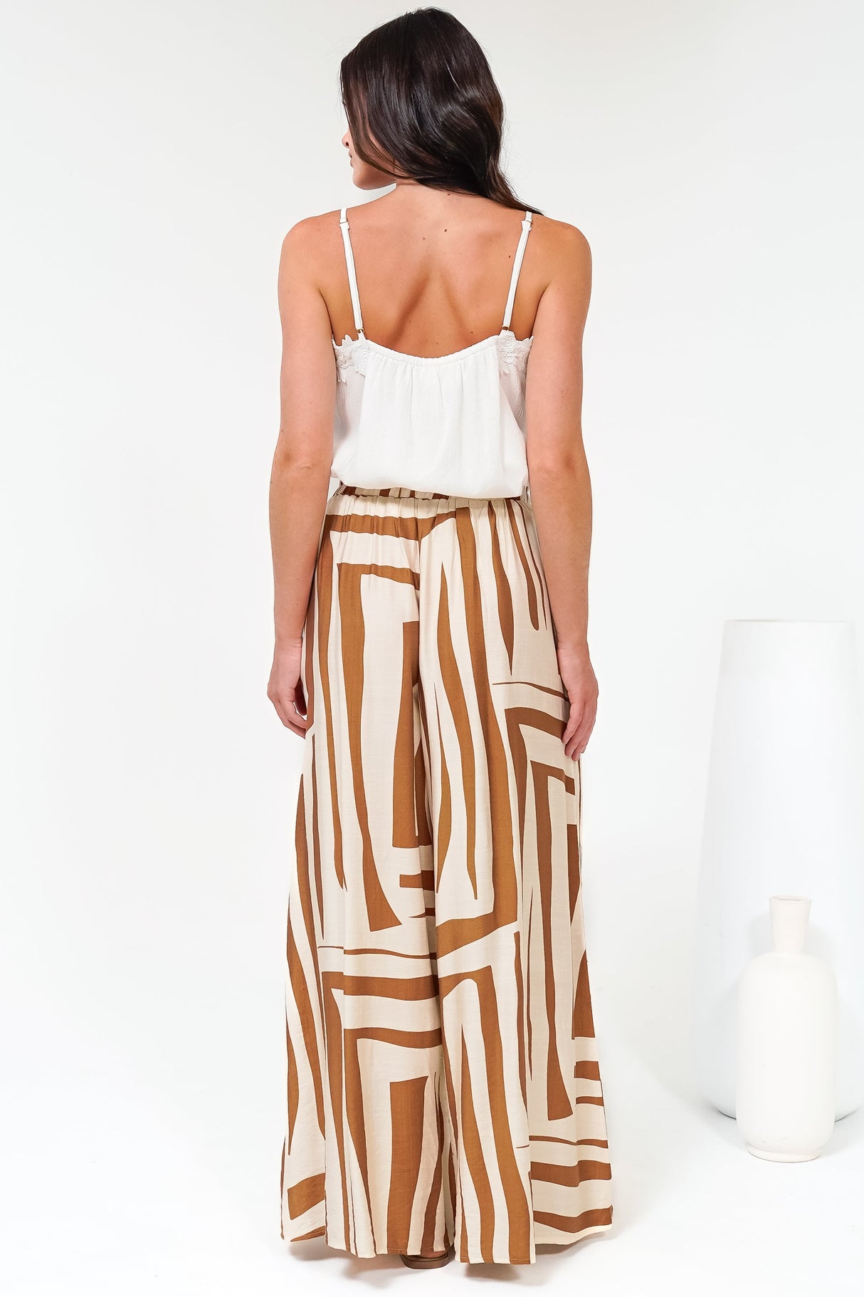Saturday Pants - High Paperbag Waist Wide Leg Pants with Waist Tie in Tyla Print Tan