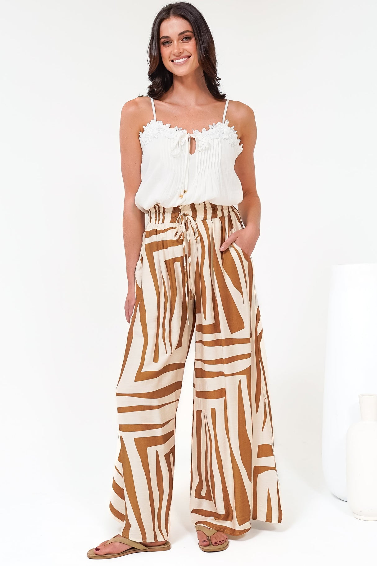 Saturday Pants - High Paperbag Waist Wide Leg Pants with Waist Tie in Tyla Print Tan