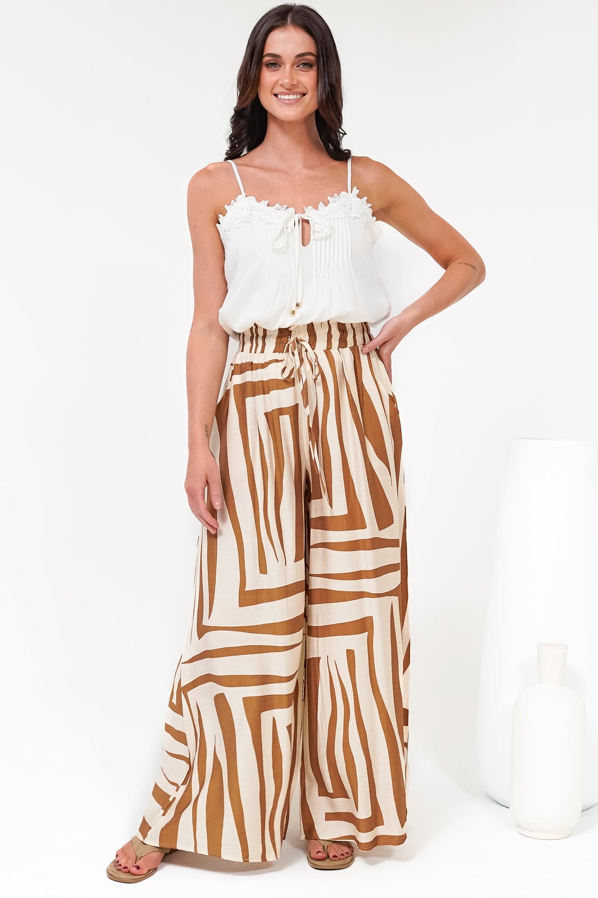 Saturday Pants - High Paperbag Waist Wide Leg Pants with Waist Tie in Tyla Print Tan