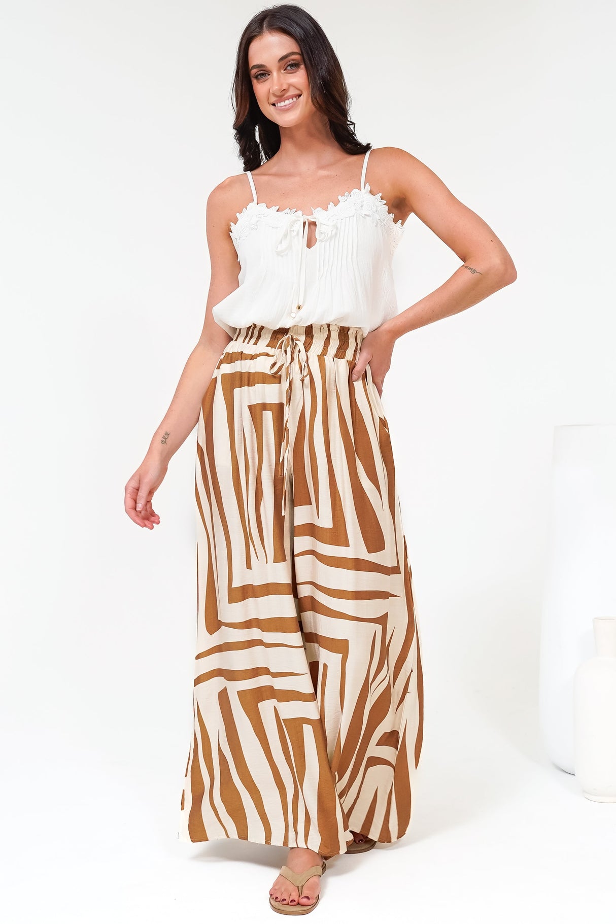 Saturday Pants - High Paperbag Waist Wide Leg Pants with Waist Tie in Tyla Print Tan