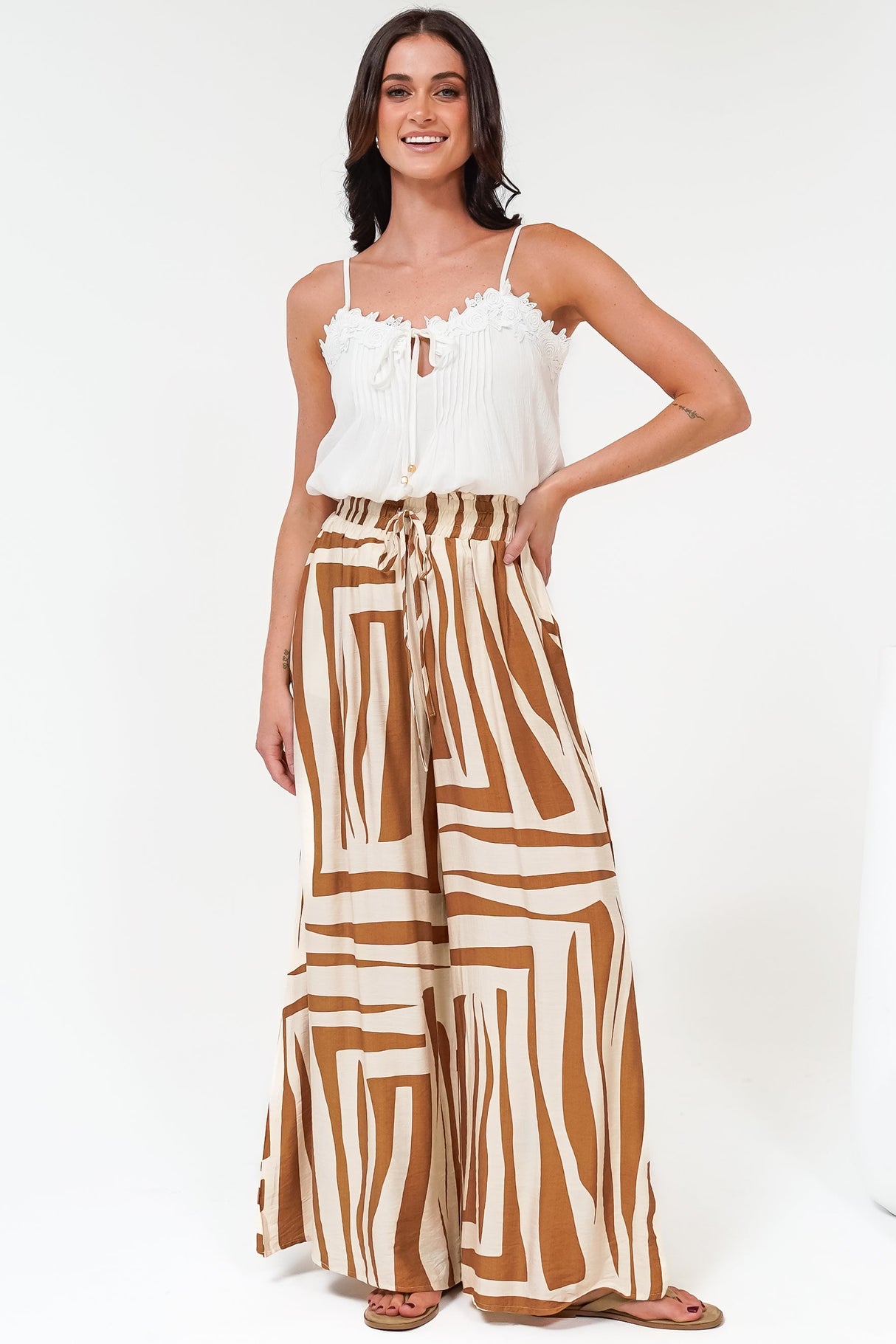 Saturday Pants - High Paperbag Waist Wide Leg Pants with Waist Tie in Tyla Print Tan