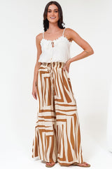 Saturday Pants - High Paperbag Waist Wide Leg Pants with Waist Tie in Tyla Print Tan