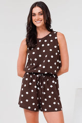 Saturn Set - Crew Neck Sleeveless Top with Side Splits and Drawstring Waist Shorts in Kitson Spot Print Chocolate