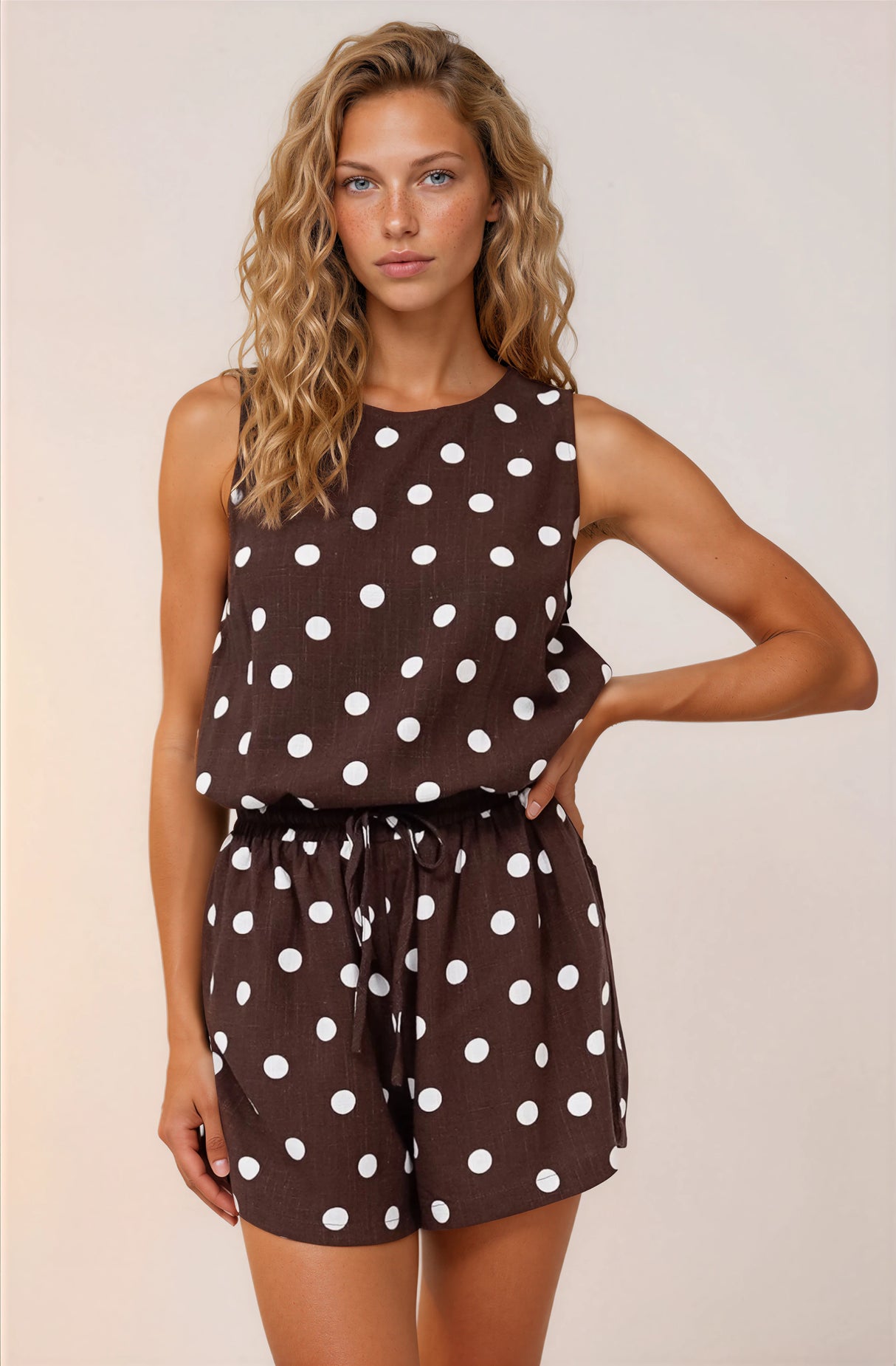 Saturn Set - Crew Neck Sleeveless Top with Side Splits and Drawstring Waist Shorts in Kitson Spot Print Chocolate