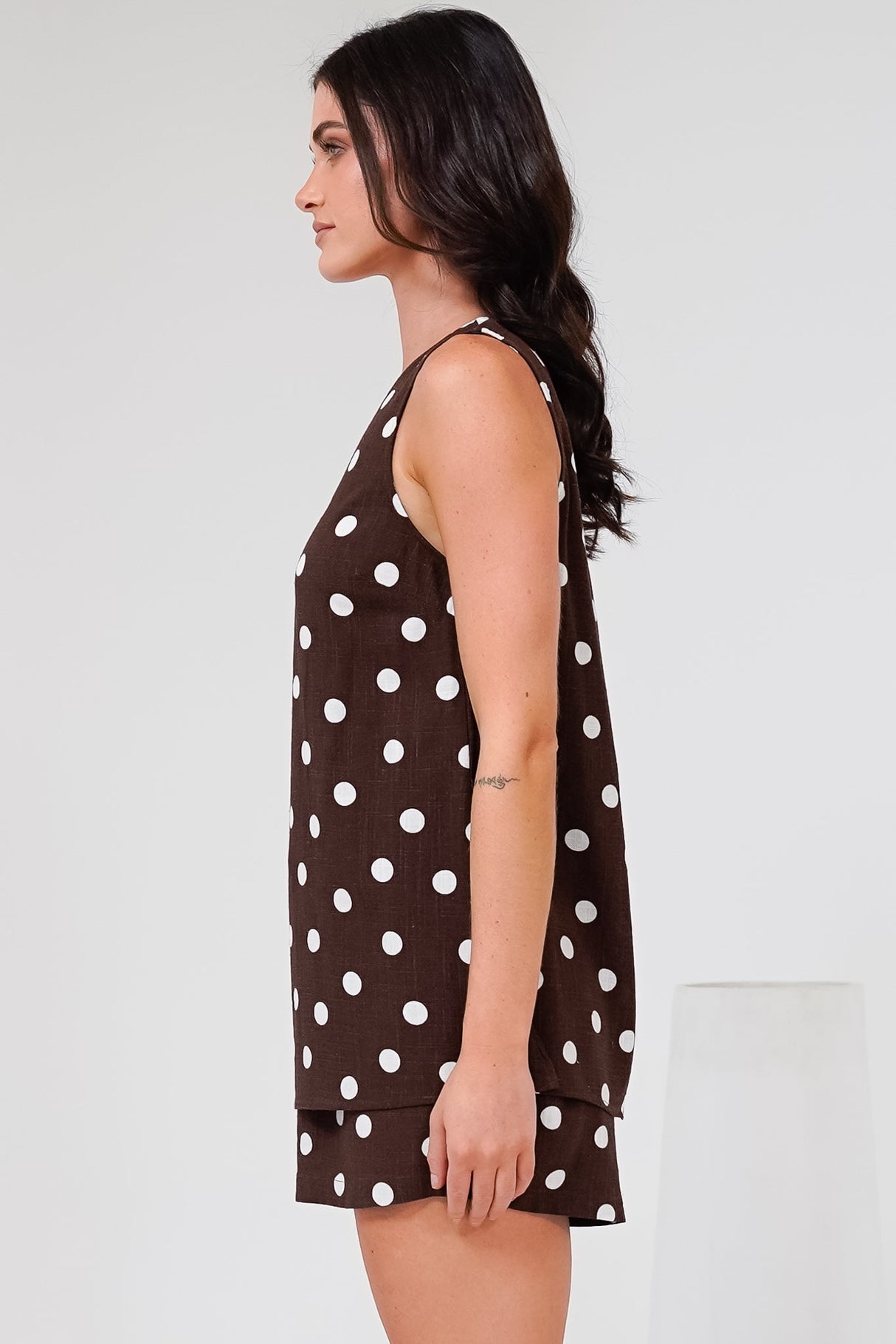 Saturn Set - Crew Neck Sleeveless Top with Side Splits and Drawstring Waist Shorts in Kitson Spot Print Chocolate