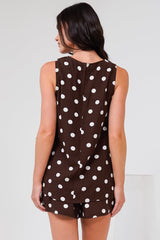 Saturn Set - Crew Neck Sleeveless Top with Side Splits and Drawstring Waist Shorts in Kitson Spot Print Chocolate