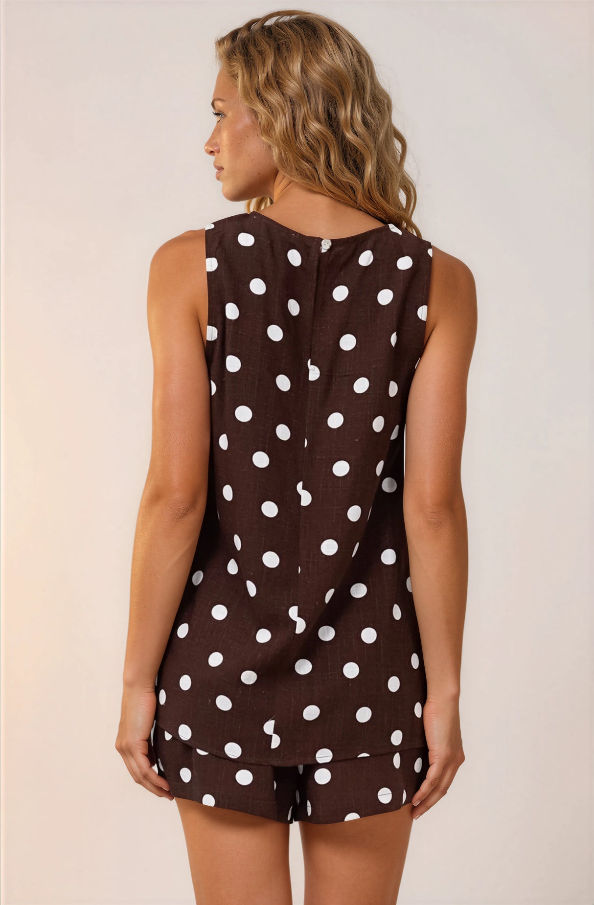 Saturn Set - Crew Neck Sleeveless Top with Side Splits and Drawstring Waist Shorts in Kitson Spot Print Chocolate