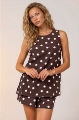 Saturn Set - Crew Neck Sleeveless Top with Side Splits and Drawstring Waist Shorts in Kitson Spot Print Chocolate
