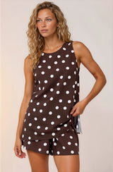 Saturn Set - Crew Neck Sleeveless Top with Side Splits and Drawstring Waist Shorts in Kitson Spot Print Chocolate