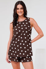 Saturn Set - Crew Neck Sleeveless Top with Side Splits and Drawstring Waist Shorts in Kitson Spot Print Chocolate
