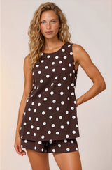 Saturn Set - Crew Neck Sleeveless Top with Side Splits and Drawstring Waist Shorts in Kitson Spot Print Chocolate