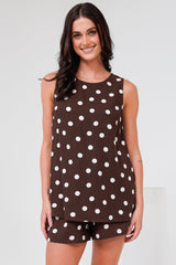 Saturn Set - Crew Neck Sleeveless Top with Side Splits and Drawstring Waist Shorts in Kitson Spot Print Chocolate