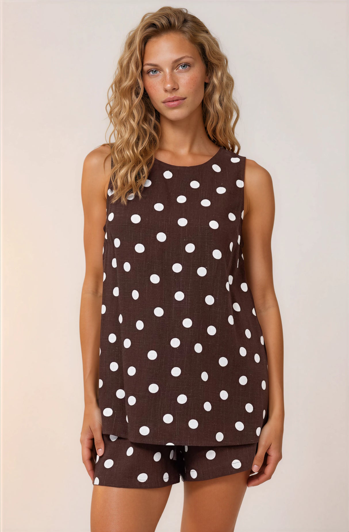 Saturn Set - Crew Neck Sleeveless Top with Side Splits and Drawstring Waist Shorts in Kitson Spot Print Chocolate