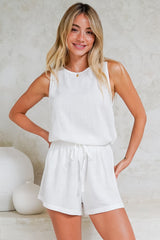 Saturn Set - Crew Neck Sleeveless Top with Side Splits and Drawstring Waist Shorts in White