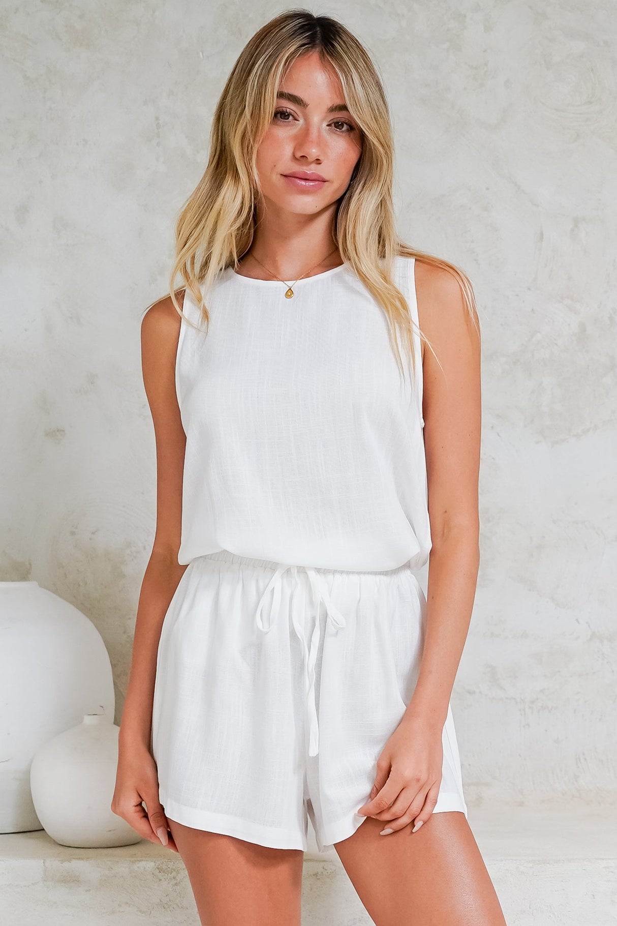Saturn Set - Crew Neck Sleeveless Top with Side Splits and Drawstring Waist Shorts in White