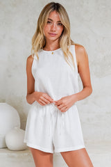 Saturn Set - Crew Neck Sleeveless Top with Side Splits and Drawstring Waist Shorts in White