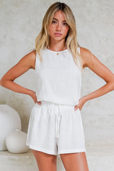 Saturn Set - Crew Neck Sleeveless Top with Side Splits and Drawstring Waist Shorts in White