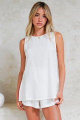 Saturn Set - Crew Neck Sleeveless Top with Side Splits and Drawstring Waist Shorts in White