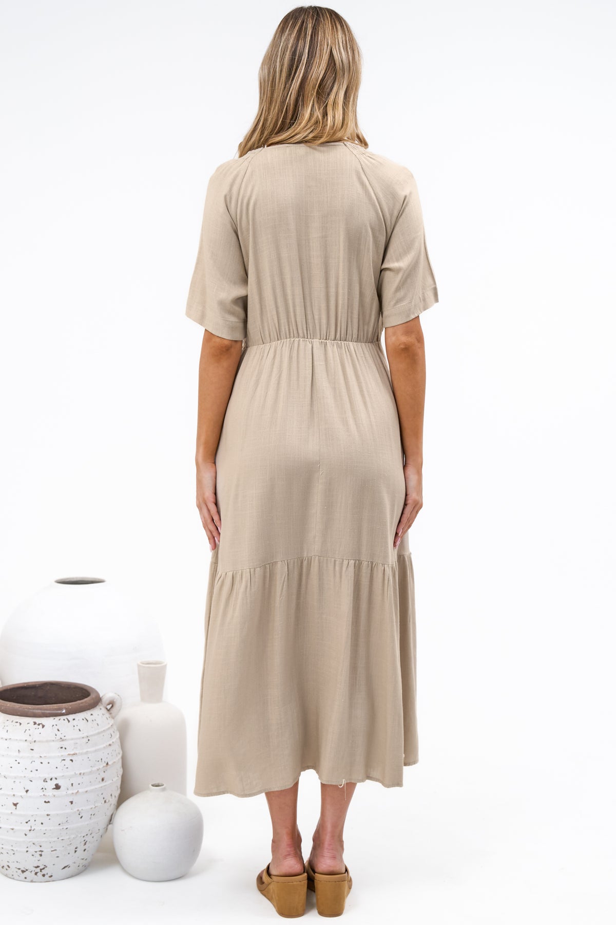 Savannah Midi Dress - V Neck Shirred Waist A Line Linen Dress with Short Sleeves in Beige